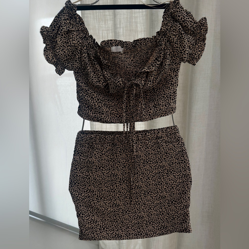 Blush Leopard Print Smocked Crop Top & Mini Skirt Set - Brown/Black